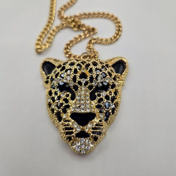 Natasha Couture Large Panther Leopard Gold Tone Necklace Rhinestone Cheetah - Picture 3 of 8